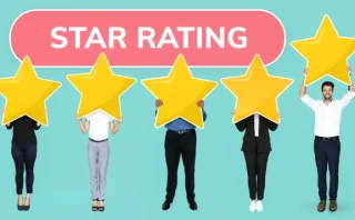 diverse people showing golden star rating symbol